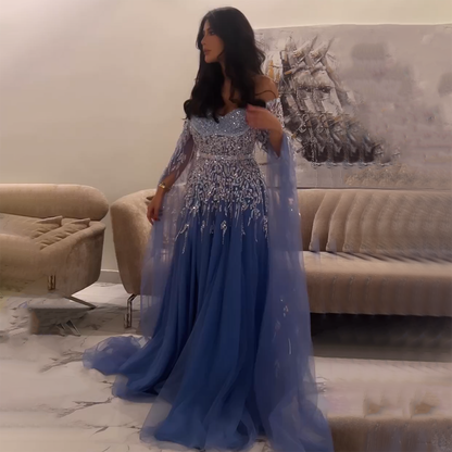 Blau A-Linie Sexy Schulterfrei Cape-Ärmel Perlen Luxus Abendkleider Kleider Für Frauen Arabisch Party 2025 LA71836 