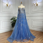 Vestido de noche azul de corte A, sexy, con hombros descubiertos, mangas estilo capa y cuentas, de lujo, para mujer, estilo árabe, para fiesta 2025, LA71836 