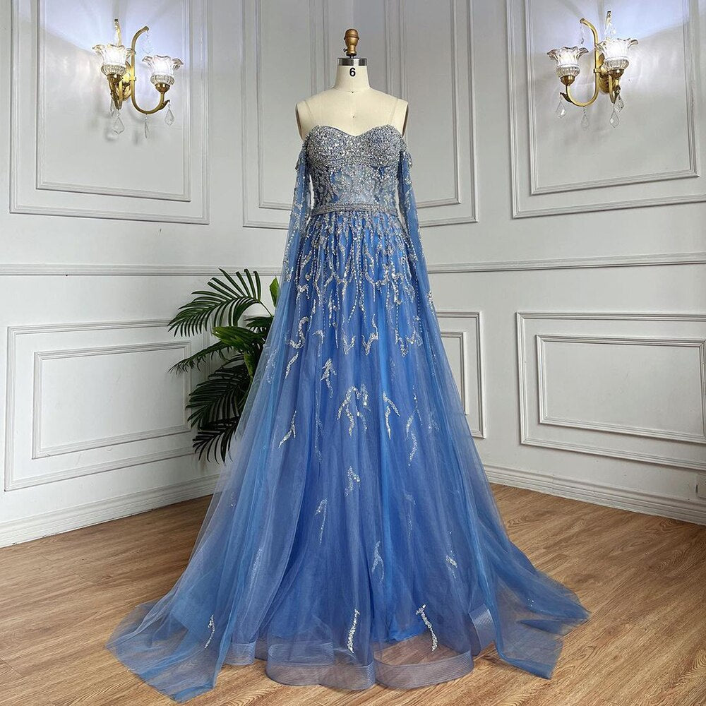 Blau A-Linie Sexy Schulterfrei Cape-Ärmel Perlen Luxus Abendkleider Kleider Für Frauen Arabisch Party 2025 LA71836 