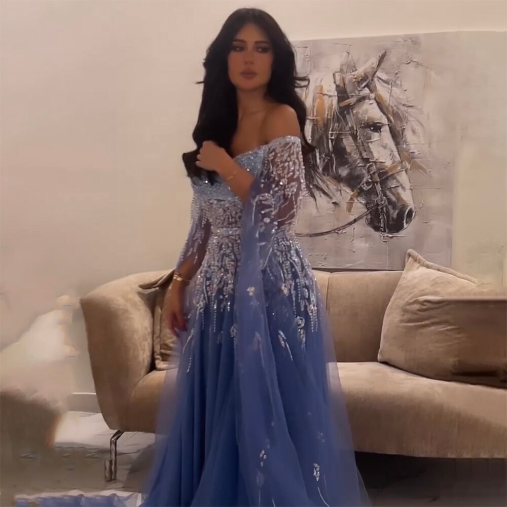 Vestido de noche azul de corte A, sexy, con hombros descubiertos, mangas estilo capa y cuentas, de lujo, para mujer, estilo árabe, para fiesta 2025, LA71836 