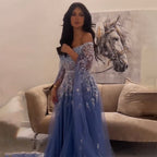 Vestido de noche azul de corte A, sexy, con hombros descubiertos, mangas estilo capa y cuentas, de lujo, para mujer, estilo árabe, para fiesta 2025, LA71836 