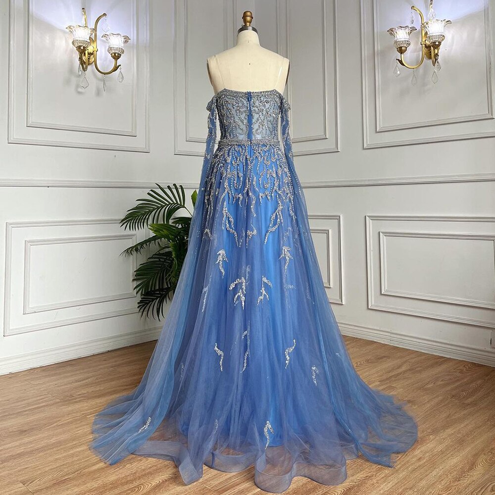 Vestido de noche azul de corte A, sexy, con hombros descubiertos, mangas estilo capa y cuentas, de lujo, para mujer, estilo árabe, para fiesta 2025, LA71836 