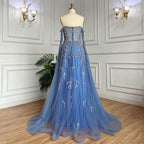 Vestido de noche azul de corte A, sexy, con hombros descubiertos, mangas estilo capa y cuentas, de lujo, para mujer, estilo árabe, para fiesta 2025, LA71836 