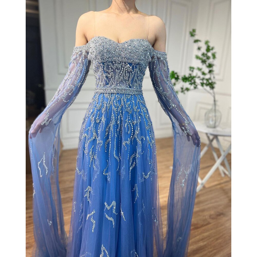Vestido de noche azul de corte A, sexy, con hombros descubiertos, mangas estilo capa y cuentas, de lujo, para mujer, estilo árabe, para fiesta 2025, LA71836 