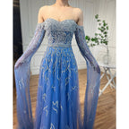Vestido de noche azul de corte A, sexy, con hombros descubiertos, mangas estilo capa y cuentas, de lujo, para mujer, estilo árabe, para fiesta 2025, LA71836 