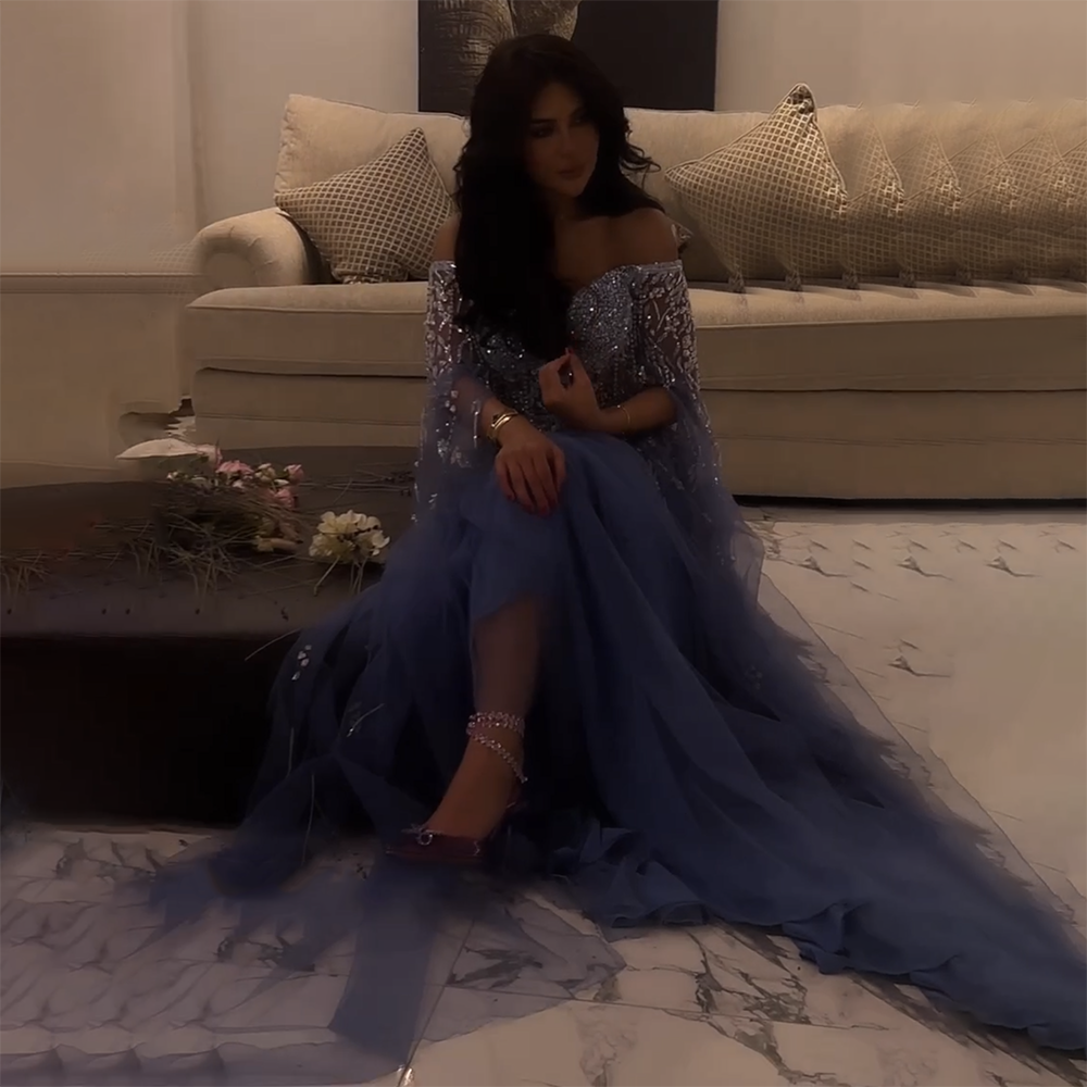 Blau A-Linie Sexy Schulterfrei Cape-Ärmel Perlen Luxus Abendkleider Kleider Für Frauen Arabisch Party 2025 LA71836 