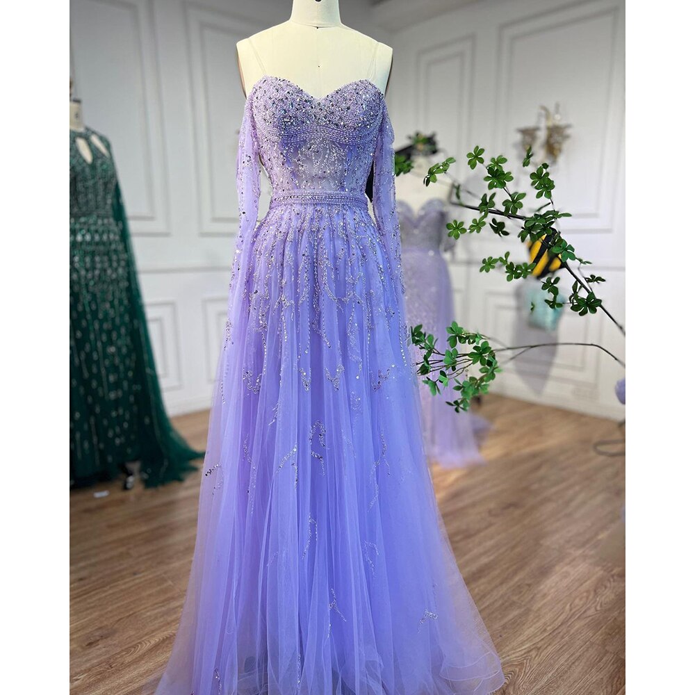 Vestido de noche azul de corte A, sexy, con hombros descubiertos, mangas estilo capa y cuentas, de lujo, para mujer, estilo árabe, para fiesta 2025, LA71836 