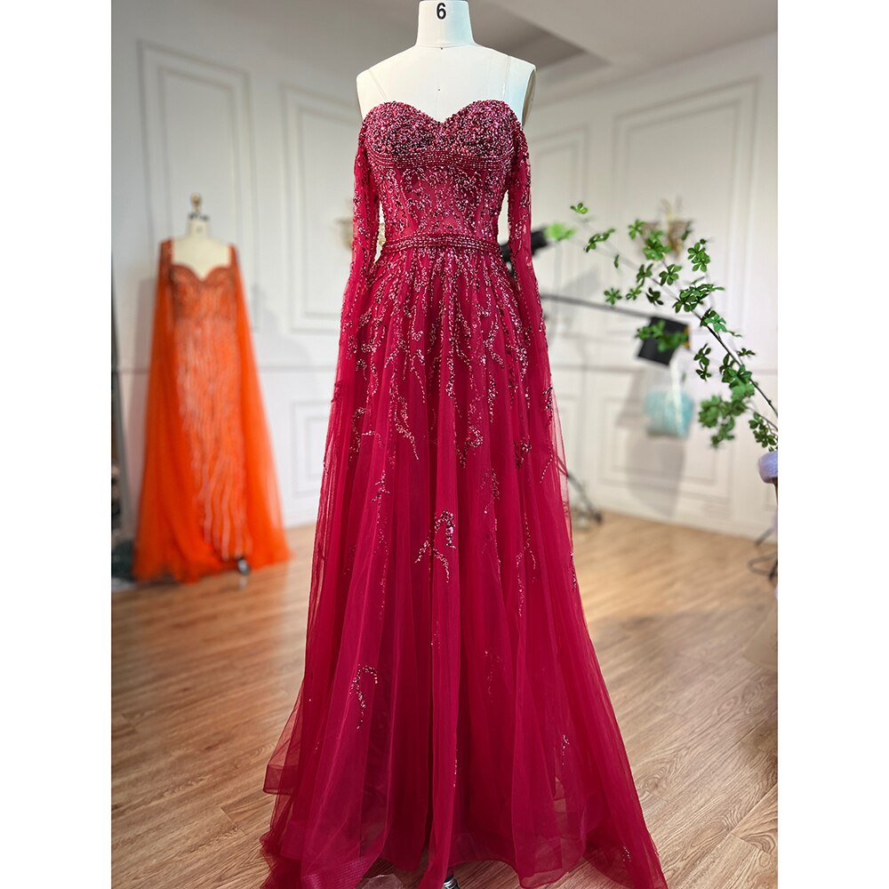 Vestido de noche azul de corte A, sexy, con hombros descubiertos, mangas estilo capa y cuentas, de lujo, para mujer, estilo árabe, para fiesta 2025, LA71836 