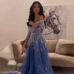 Blau A-Linie Sexy Schulterfrei Cape-Ärmel Perlen Luxus Abendkleider Kleider Für Frauen Arabisch Party 2025 LA71836 