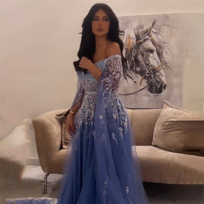 Blau A-Linie Sexy Schulterfrei Cape-Ärmel Perlen Luxus Abendkleider Kleider Für Frauen Arabisch Party 2025 LA71836 