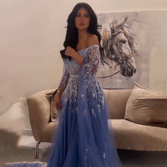 Blau A-Linie Sexy Schulterfrei Cape-Ärmel Perlen Luxus Abendkleider Kleider Für Frauen Arabisch Party 2025 LA71836 