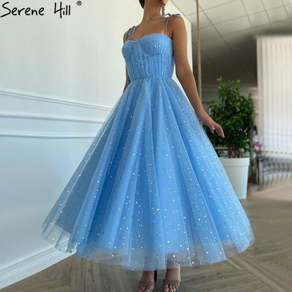 Blaues A-Linien-Abendkleid mit Tüll, ärmellos, knöchellang, formelles Kleid 2025 LA70684 