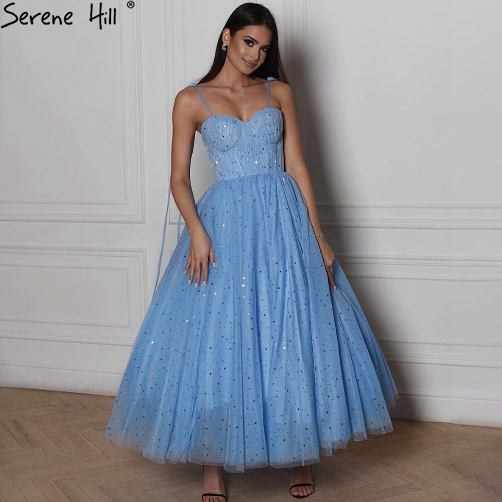Blaues A-Linien-Abendkleid mit Tüll, ärmellos, knöchellang, formelles Kleid 2025 LA70684 