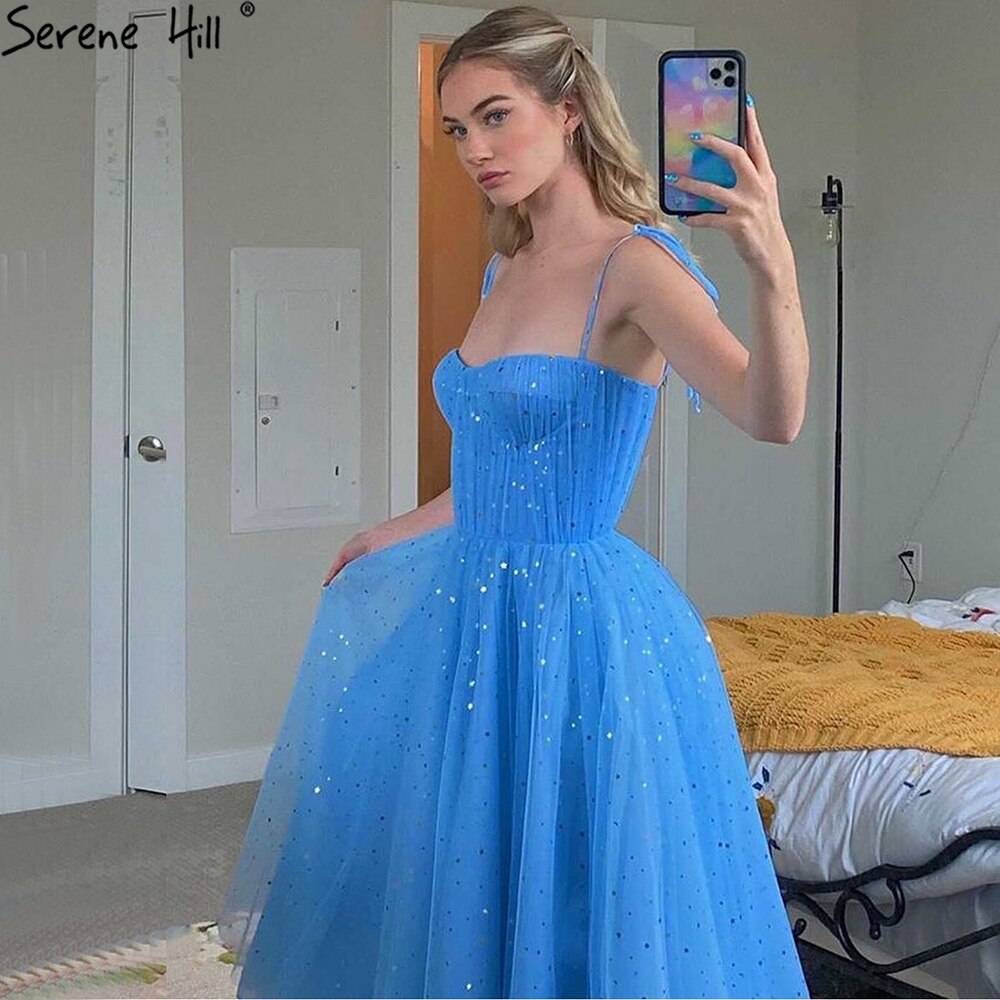 Blaues A-Linien-Abendkleid mit Tüll, ärmellos, knöchellang, formelles Kleid 2025 LA70684 