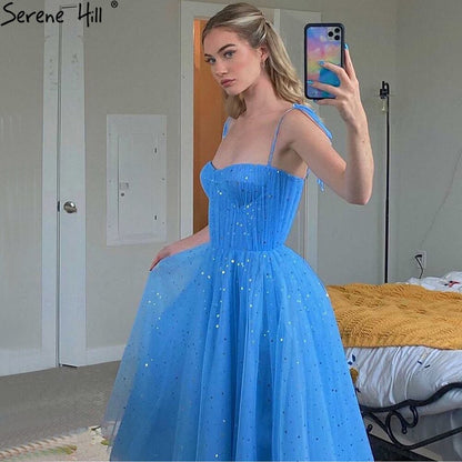 Blaues A-Linien-Abendkleid mit Tüll, ärmellos, knöchellang, formelles Kleid 2025 LA70684 