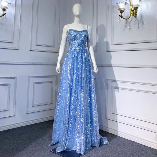Blau A-linie Luxus Abendkleider Kleider 2025 Perlen Sparkle Sexy Für Frauen Hochzeit Party LA71609 