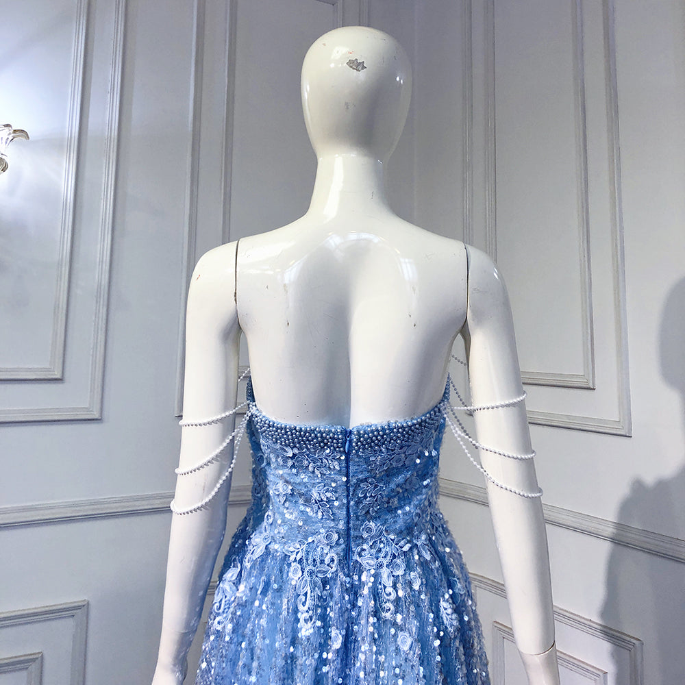 Vestidos de noche azules de lujo, corte A, 2025, con cuentas brillantes, sexys, para mujer, para boda, fiesta, LA71609 