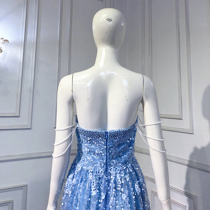 Blau A-linie Luxus Abendkleider Kleider 2025 Perlen Sparkle Sexy Für Frauen Hochzeit Party LA71609 