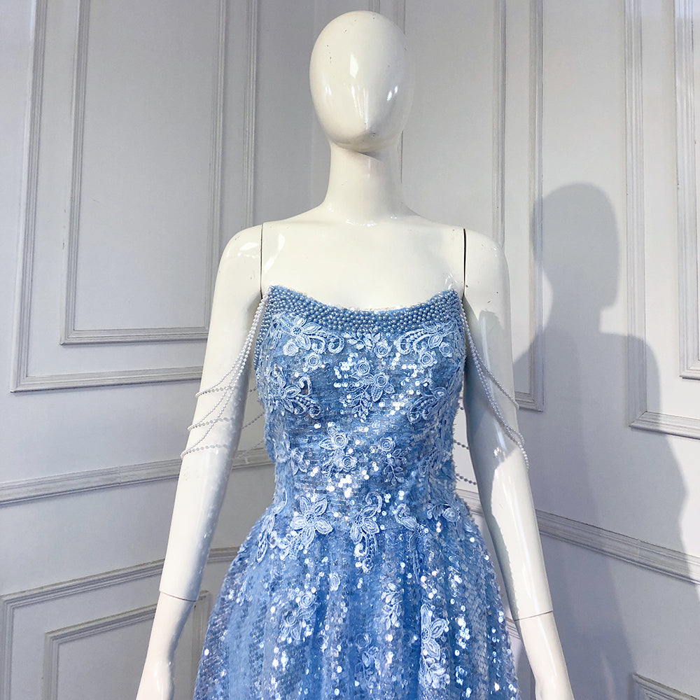Blau A-linie Luxus Abendkleider Kleider 2025 Perlen Sparkle Sexy Für Frauen Hochzeit Party LA71609 