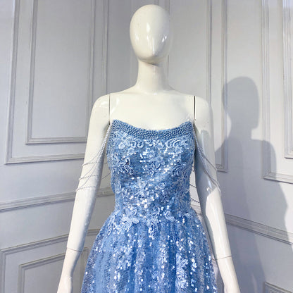Blau A-linie Luxus Abendkleider Kleider 2025 Perlen Sparkle Sexy Für Frauen Hochzeit Party LA71609 