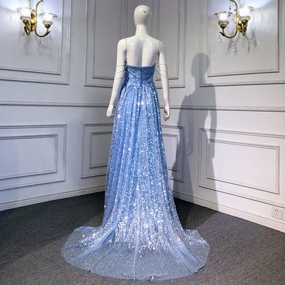 Blau A-linie Luxus Abendkleider Kleider 2025 Perlen Sparkle Sexy Für Frauen Hochzeit Party LA71609 