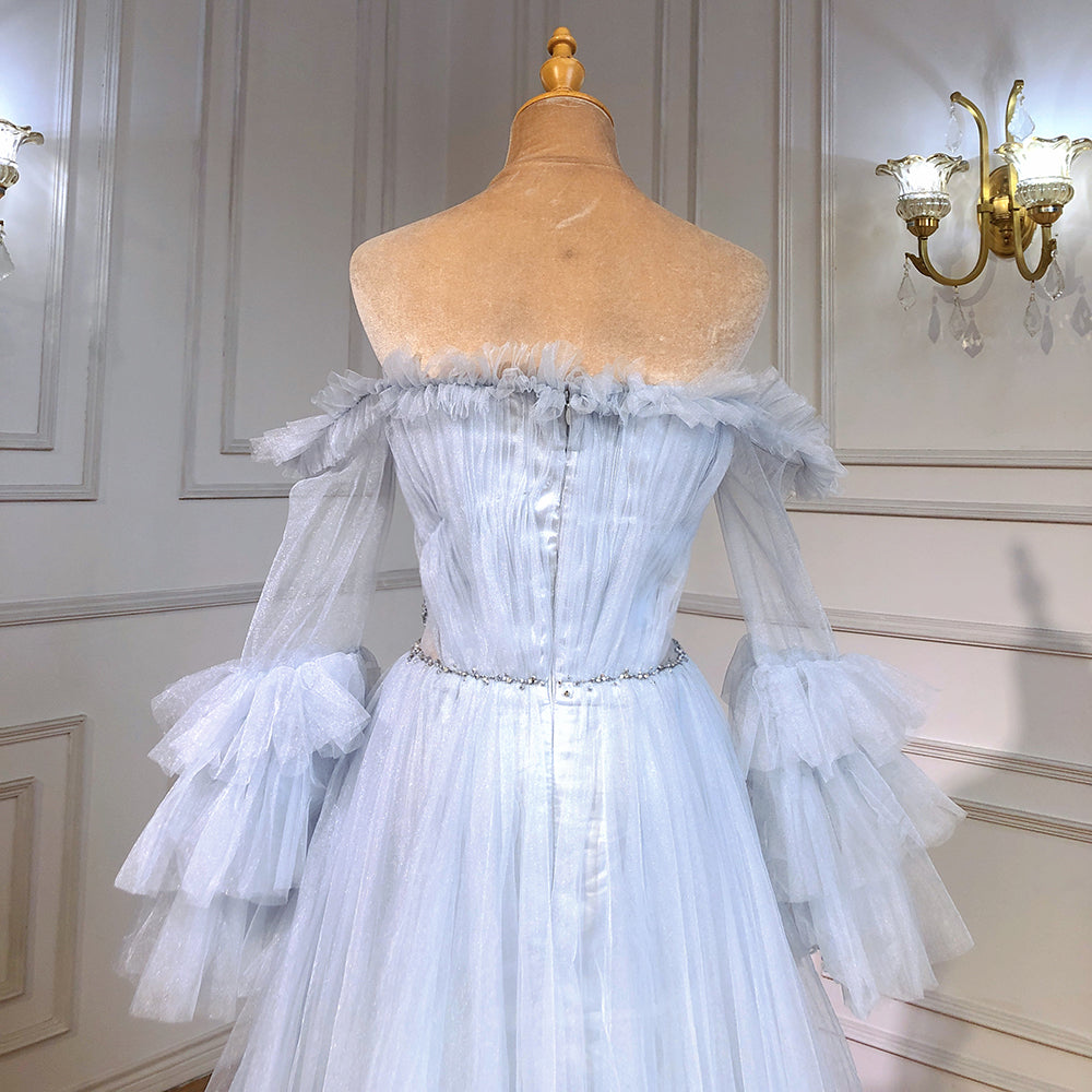 Blau A-linie Sexy Abendkleider Kleider 2025 Perlen Boot-ausschnitt Für Frauen Hochzeit Party LA71483 
