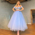 Blau Knöchellangen Abendkleider Kleider 2025 Perlen A-Linie Sexy Für Frauen Hochzeit Party LA71336 