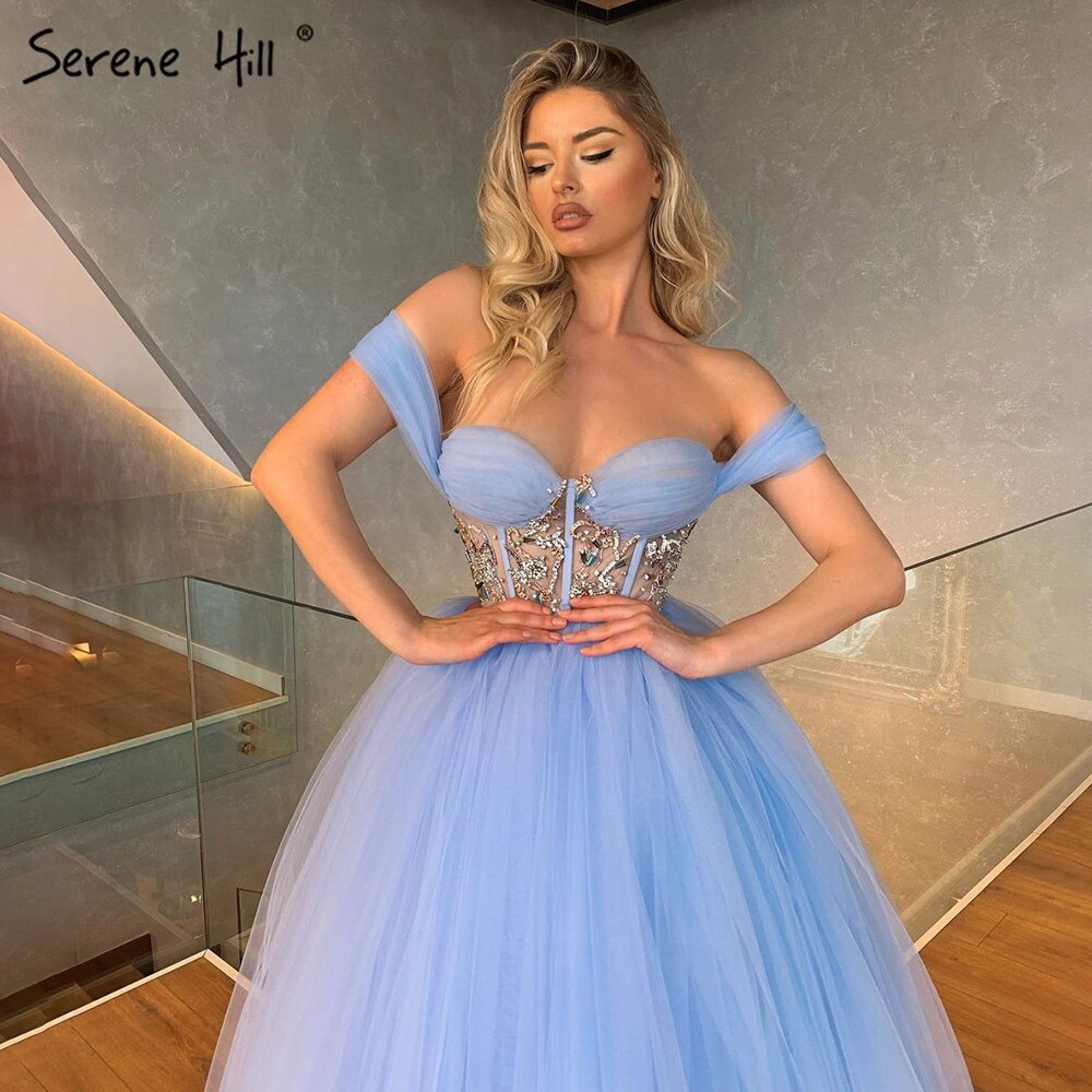 Blau Knöchellangen Abendkleider Kleider 2025 Perlen A-Linie Sexy Für Frauen Hochzeit Party LA71336 