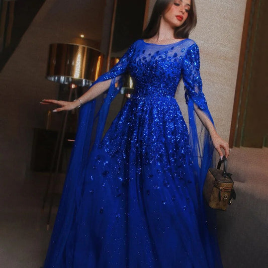 Blau Arabisch Cape Ärmel Perlen Luxus Dubai Abendkleider Kleider Formale Kleider 2025 Für Frauen Hochzeit Party LA70454 