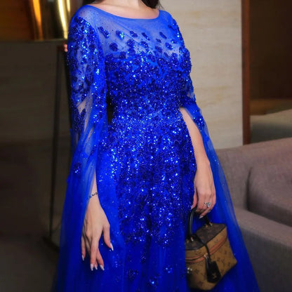 Blau Arabisch Cape Ärmel Perlen Luxus Dubai Abendkleider Kleider Formale Kleider 2025 Für Frauen Hochzeit Party LA70454 