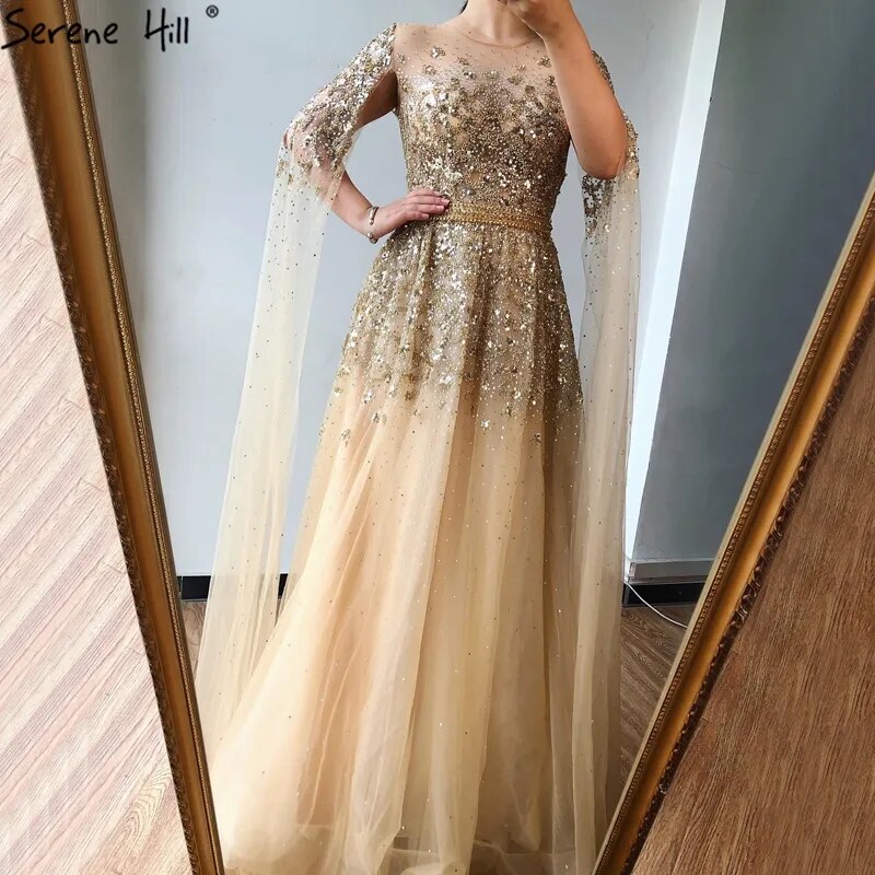 Blau Arabisch Cape Ärmel Perlen Luxus Dubai Abendkleider Kleider Formale Kleider 2025 Für Frauen Hochzeit Party LA70454 