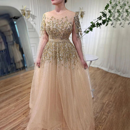Blau Arabisch Cape Ärmel Perlen Luxus Dubai Abendkleider Kleider Formale Kleider 2025 Für Frauen Hochzeit Party LA70454 