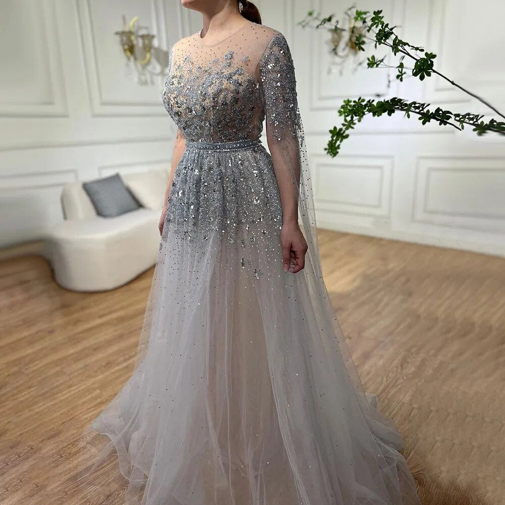 Blau Arabisch Cape Ärmel Perlen Luxus Dubai Abendkleider Kleider Formale Kleider 2025 Für Frauen Hochzeit Party LA70454 