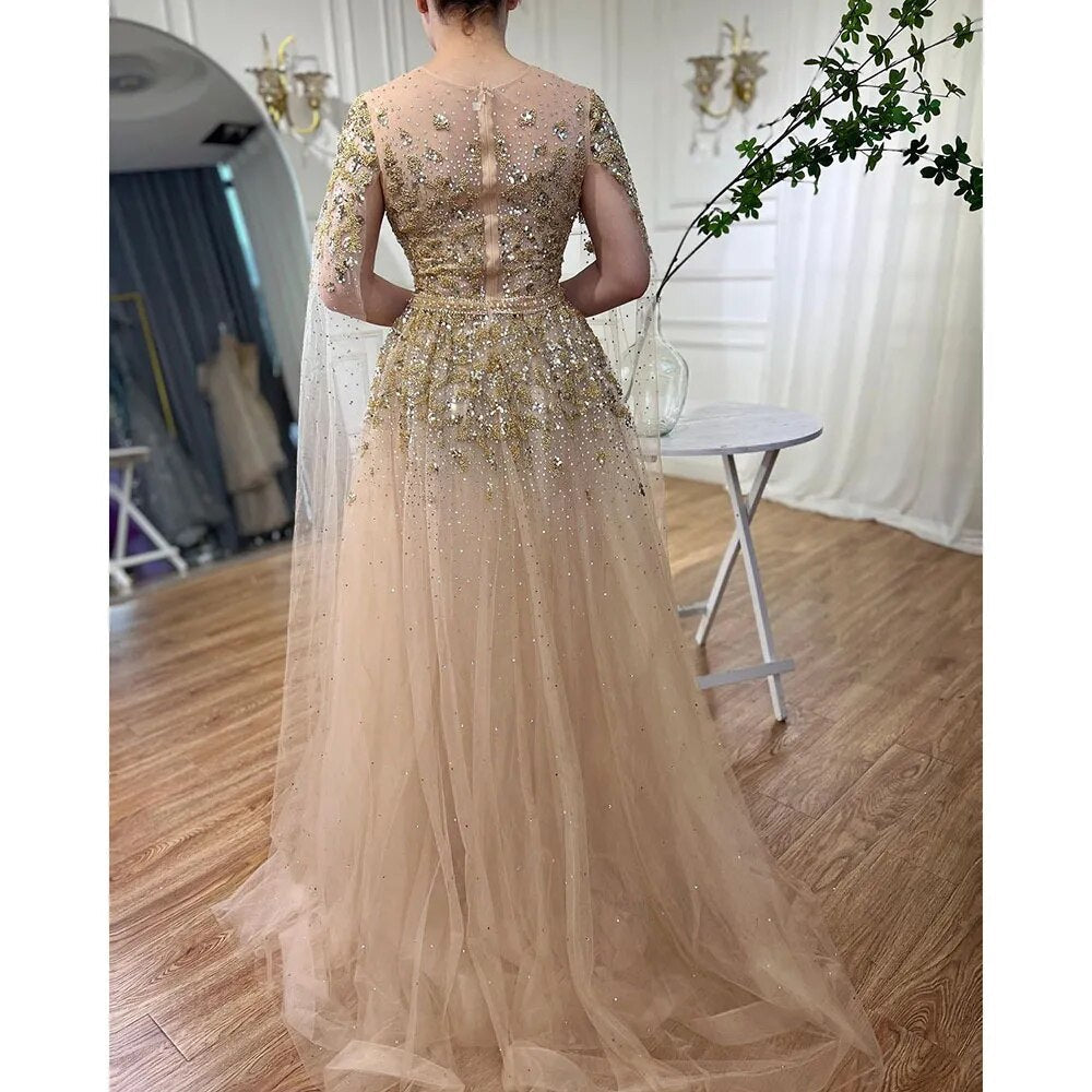Blau Arabisch Cape Ärmel Perlen Luxus Dubai Abendkleider Kleider Formale Kleider 2025 Für Frauen Hochzeit Party LA70454 