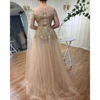 Blau Arabisch Cape Ärmel Perlen Luxus Dubai Abendkleider Kleider Formale Kleider 2025 Für Frauen Hochzeit Party LA70454 