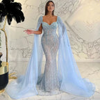 Blaues arabisches Luxus-Abendkleid im Meerjungfrauenstil mit Perlen und Cape-Ärmeln LA71715 