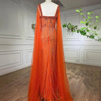 Blaues arabisches Luxus-Abendkleid im Meerjungfrauenstil mit Perlen und Cape-Ärmeln LA71715 