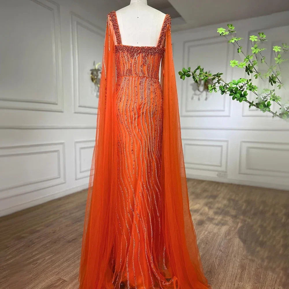 Blaues arabisches Luxus-Abendkleid im Meerjungfrauenstil mit Perlen und Cape-Ärmeln LA71715 