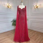 Blaues arabisches Luxus-Abendkleid im Meerjungfrauenstil mit Perlen und Cape-Ärmeln LA71715 