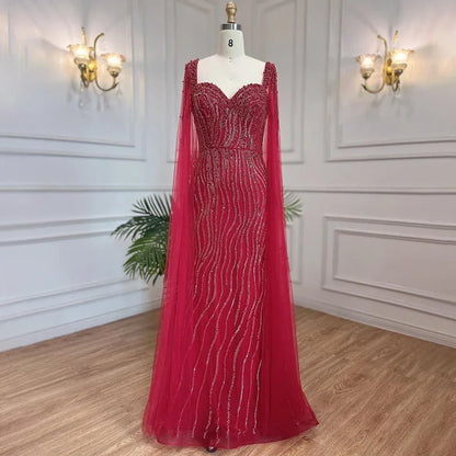 Blaues arabisches Luxus-Abendkleid im Meerjungfrauenstil mit Perlen und Cape-Ärmeln LA71715 