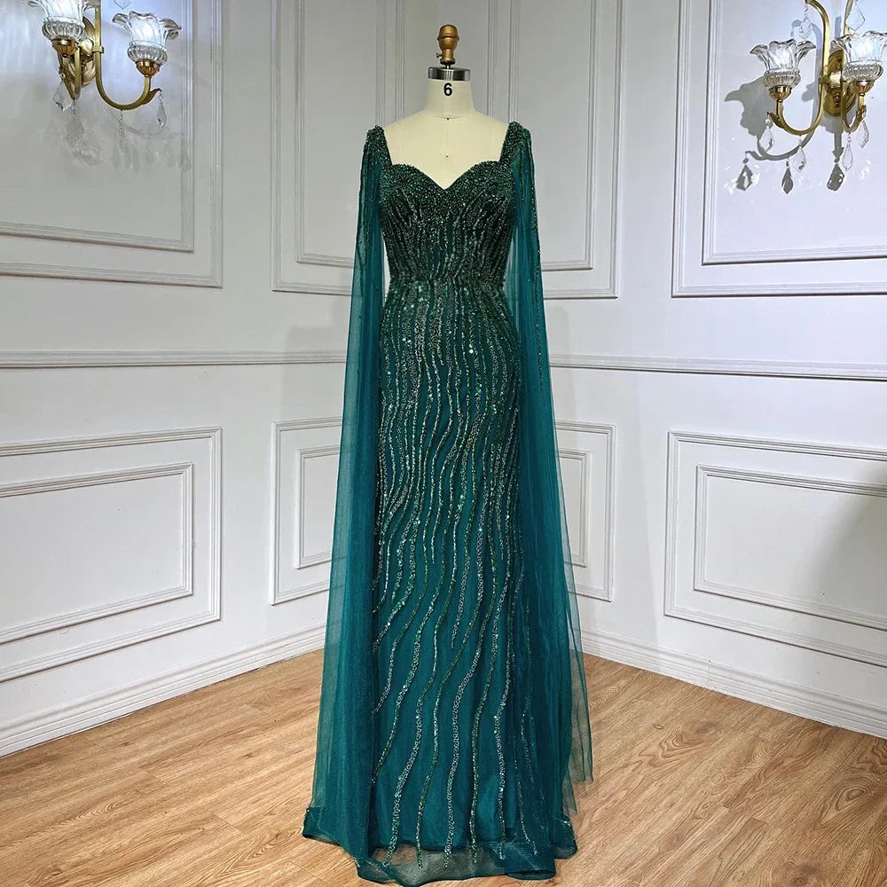 Blaues arabisches Luxus-Abendkleid im Meerjungfrauenstil mit Perlen und Cape-Ärmeln LA71715 
