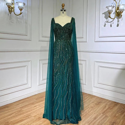 Blaues arabisches Luxus-Abendkleid im Meerjungfrauenstil mit Perlen und Cape-Ärmeln LA71715 