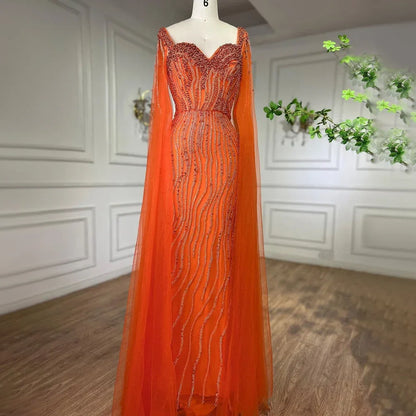 Blaues arabisches Luxus-Abendkleid im Meerjungfrauenstil mit Perlen und Cape-Ärmeln LA71715 