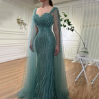 Blaues arabisches Luxus-Abendkleid im Meerjungfrauenstil mit Perlen und Cape-Ärmeln LA71715 