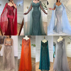 Blaues arabisches Luxus-Abendkleid im Meerjungfrauenstil mit Perlen und Cape-Ärmeln LA71715 