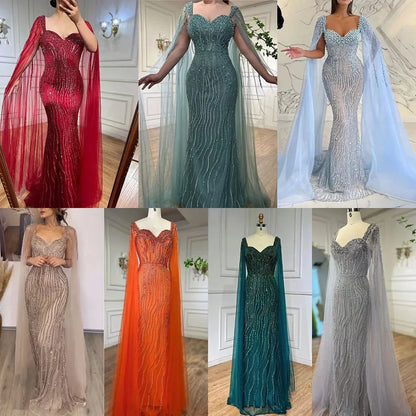 Blaues arabisches Luxus-Abendkleid im Meerjungfrauenstil mit Perlen und Cape-Ärmeln LA71715 