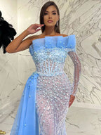 Blau Arabisch Meerjungfrau Elegante Sexy Ein-Schulter Abendkleider Kleider 2025 Luxus Perlen Perlen Party LA71718 