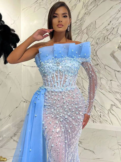 Vestido de noche elegante y sexy de sirena árabe azul con un solo hombro, 2025, con perlas de lujo y cuentas, para fiesta LA71718 