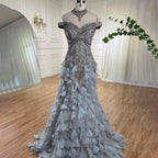 Vestidos de noche de lujo con corte sirena árabe azul y cuentas de perlas, elegantes para mujer, para fiesta de bodas 2025 LA72164 
