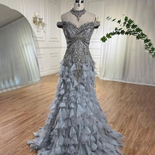 Vestidos de noche de lujo con corte sirena árabe azul y cuentas de perlas, elegantes para mujer, para fiesta de bodas 2025 LA72164 